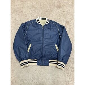 Vtg 80s Montgomery Ward Reversible Bomber Jacket Size Large Navy Khaki Nylon